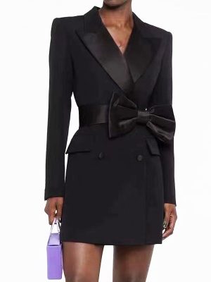 Women's High Bow Belt Long Sleeve Slim Office Women Business Dress