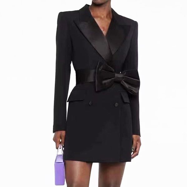 Women's High Bow Belt Long Sleeve Slim Office Women Business Dress