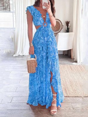 Women's Clothing Summer Printing Deep V Plunge Sexy  Pleated Dress