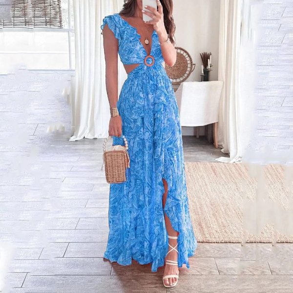 Women's Clothing Summer Printing Deep V Plunge Sexy  Pleated Dress