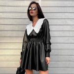 Women's Autumn Winter Faux Leather Dress Doll Collar Fitted Waist