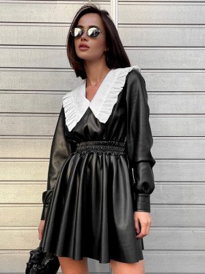 Women's Autumn Winter Faux Leather Dress Doll Collar Fitted Waist