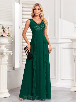 Women's  Chiffon Double V Neck Sleeveless Ruffled Party Dress a Large Swing Fully Lined Evening Dress