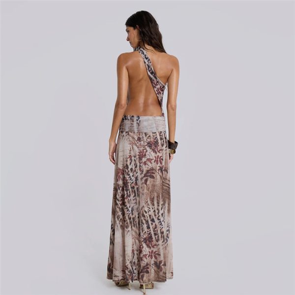 Women's Summer Sexy Slim Irregular Asymmetric Sloping Shoulder Backless Split Printing Dress Women