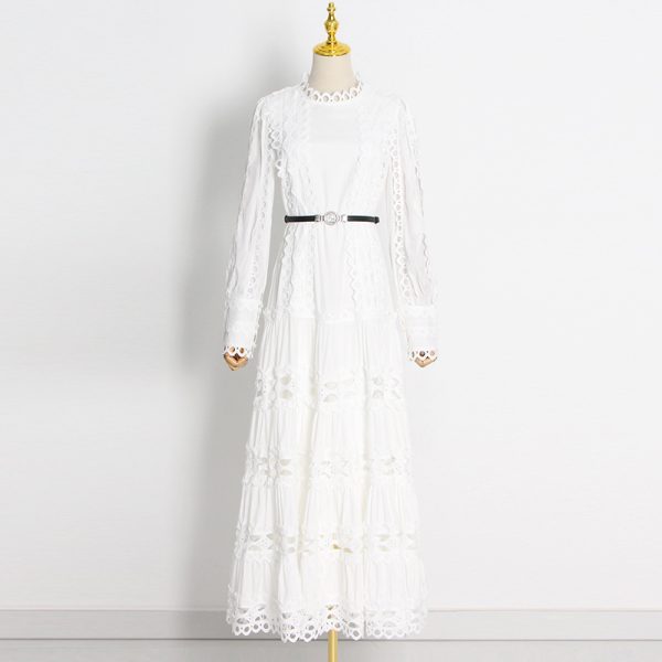 Women's Hollow Out Cutout Embroidery Tie Neck Dress Women