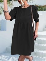 Women's Arrival Solid Color Basic round Neck Button Puff Sleeve Dress