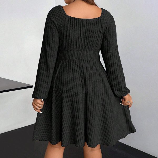 Women's  Winter Women Clothing Square Collar Long Sleeve Waist Mini Fleece Sunken Stripe Dress