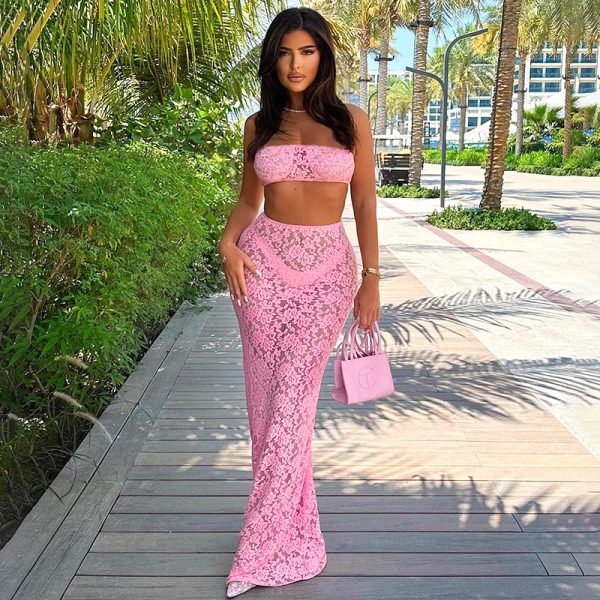 Women's Clothing Summer Sexy Lace Top with Narrow Straps High Waist See through Long Skirt Two Piece Set