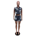 Women's Summer Printed Denim Printed Stretch Shorts Set