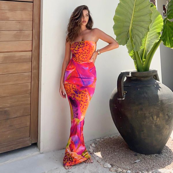 Women's Clothing Summer Elegant Printed Sleeveless Tight High Waist Maxi Dress