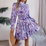 Women's Autumn Winter Elegant Stand Collar Floral Waist Controlled Long Sleeves Ruffled A line Dress Women Clothing