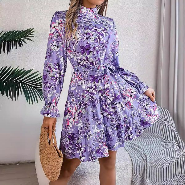 Women's Autumn Winter Elegant Stand Collar Floral Waist Controlled Long Sleeves Ruffled A line Dress Women Clothing