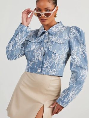 Women's Spring Casual Loose Floral Lace Denim Jacket