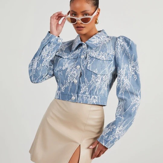 Women's Spring Casual Loose Floral Lace Denim Jacket