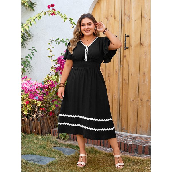 Women's Loose V neck  Elegant Ruffle Sleeve Black Dress