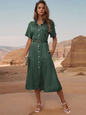 Women's Clothes Turn-down Collar Green Dress