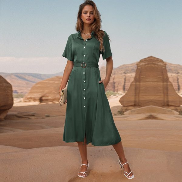 Women's Clothes Turn-down Collar Green Dress