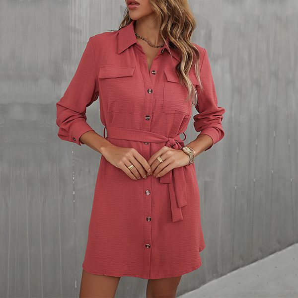 Women's Long Sleeved Red Collared French Shirt Dress