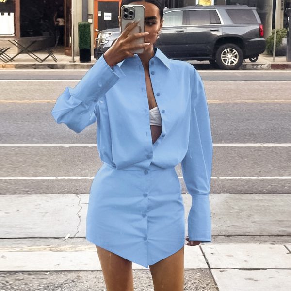 Women's Comely Blue Loose Fitting Collared Shirt Sleeve Sheath Slim Dress Pencil Women