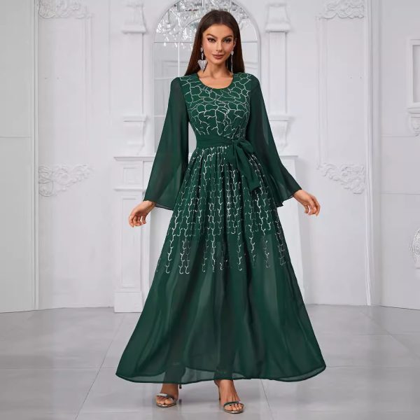 Women's  Sequined Printed Chiffon Long Sleeve Lace Up Dress