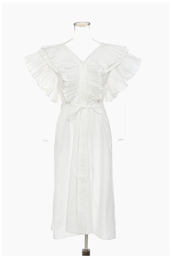 Women's   Pleated V Neck Long Tie Shirt Dress Women