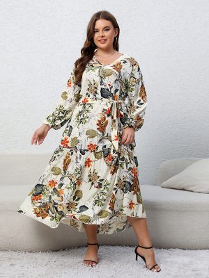 Women's Printed V neck Long Sleeve Floral Dress