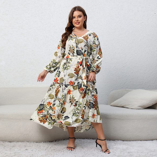 Women's Printed V neck Long Sleeve Floral Dress