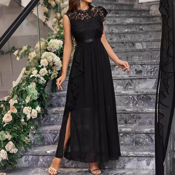 Women's  Elegant Lace Chiffon Slim Fit Slit Solid Color Ladies Dress