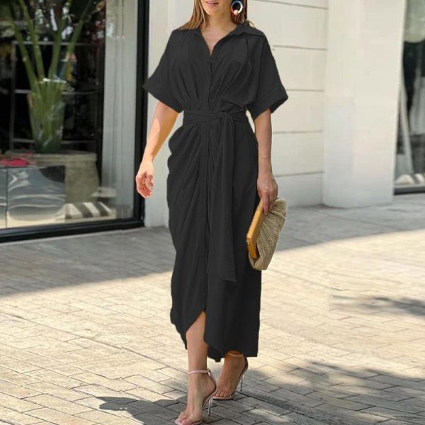 Women's  Sleeve Single Breasted High Waist Shirt Dress