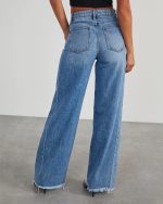 Women's Wide Leg Side Seam Stitching Frayed Hem Jeans Women