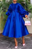 Women's Clothing Autumn Winter Solid Color Glossy Loose Button Lantern Sleeve Dress