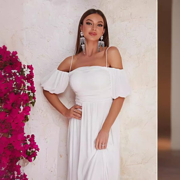 Women's Summer Off Shoulder White Maxi Short Sleeve Prom Evening Dress