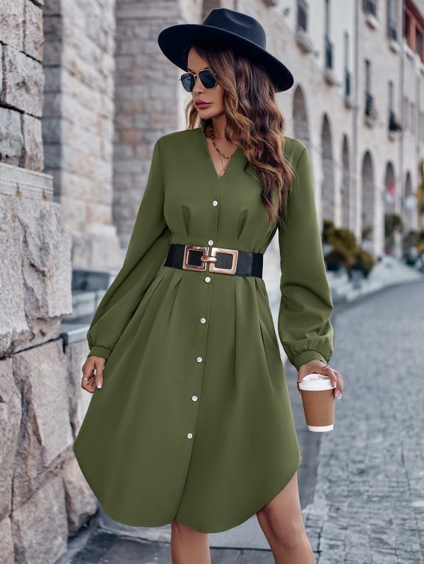 Women's  V neck Solid Color Cardigan Long Sleeve Belt Dress