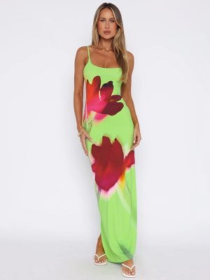 Women's Clothing Summer Fresh Casual Strap Floral Print Slim High Waist Maxi Dress