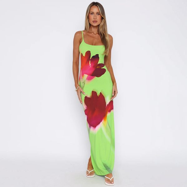 Women's Clothing Summer Fresh Casual Strap Floral Print Slim High Waist Maxi Dress