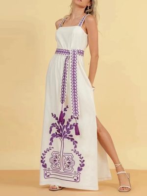 Women's   Bohemian Embroidery Summer Suspender Tube Top Cinched Waist Long Women Side Split Dress