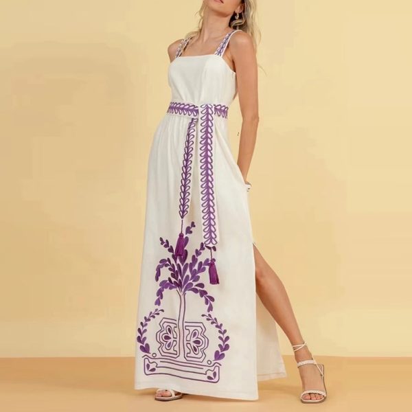 Women's   Bohemian Embroidery Summer Suspender Tube Top Cinched Waist Long Women Side Split Dress