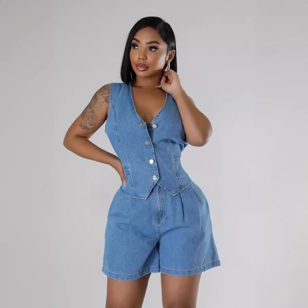 Women's  Casual Sleeveless High Waist Women Denim Shorts Sets