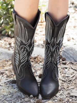 Women's  Boots Western Cowboy Boots Mid Heel Ethnic Square Toe Faux Leather Boots for Women