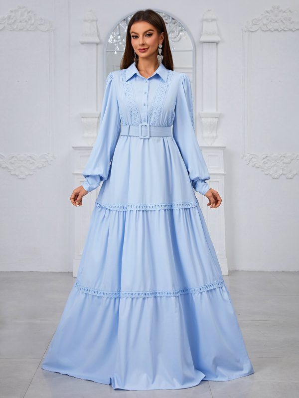 Women's  Collared Long Sleeve Embroidered Lace Sweet Dress