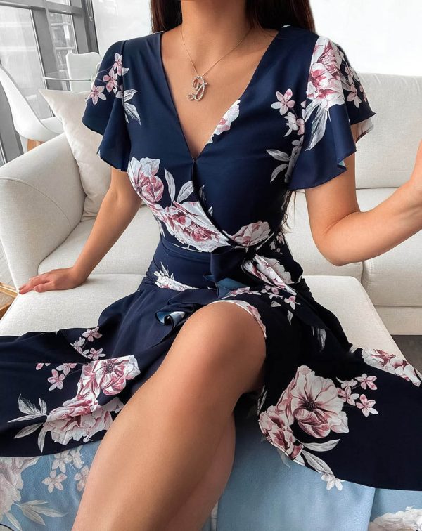 Women's Printed V-neck Asymmetric Dress