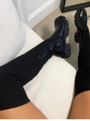 Women's  round Toe Leather Knitted Stitching over the Knee Boots Women Plus Size Stretch Flyknit Wool Leather Boots