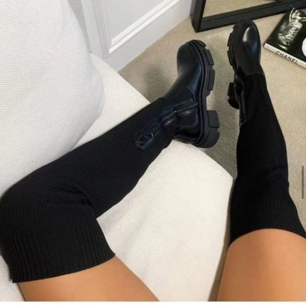 Women's  round Toe Leather Knitted Stitching over the Knee Boots Women Plus Size Stretch Flyknit Wool Leather Boots