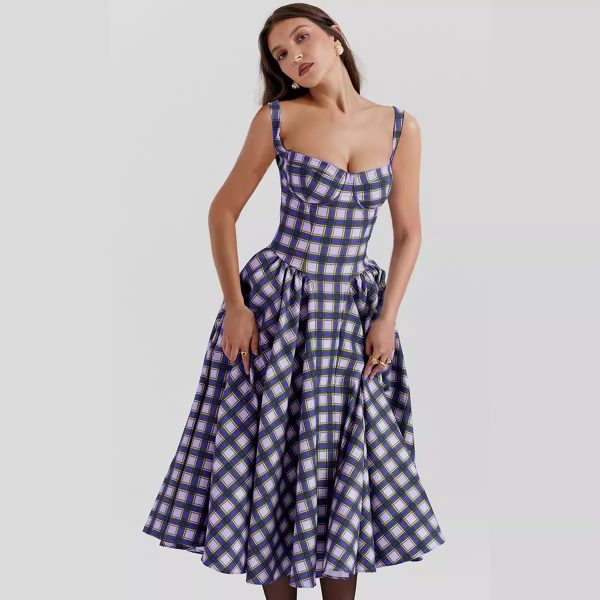 Women's  Neck Plaid Sling Slim Waist Retro Big Swing Dress Women