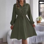 Women's  Winter Casual Button Lace up Waist Controlled Long Sleeves Shirt Dress Women Clothing