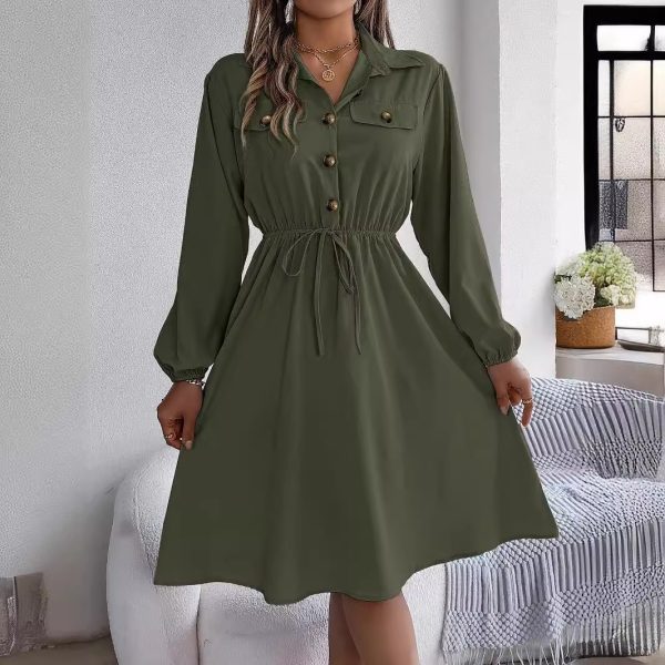 Women's  Winter Casual Button Lace up Waist Controlled Long Sleeves Shirt Dress Women Clothing