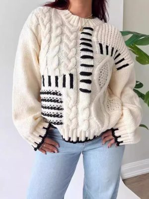 Autumn Winter High Street Retro Twist Handmade Rope Design Knitwear Loose Sweater