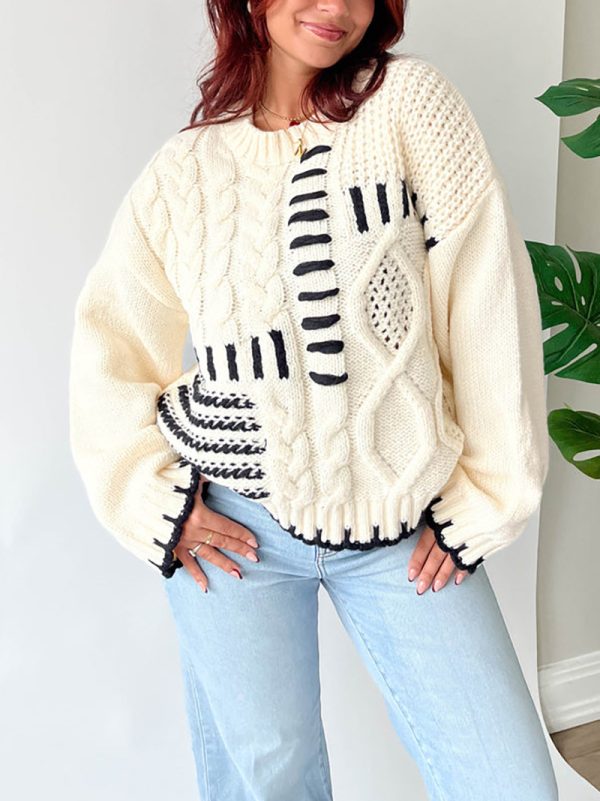 Autumn Winter High Street Retro Twist Handmade Rope Design Knitwear Loose Sweater