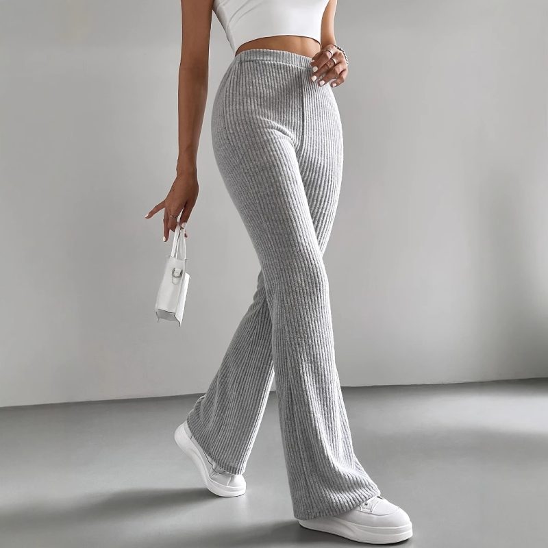 Bell Bottom Pants Women Autumn Solid Color Casual Pants Rib Knitted